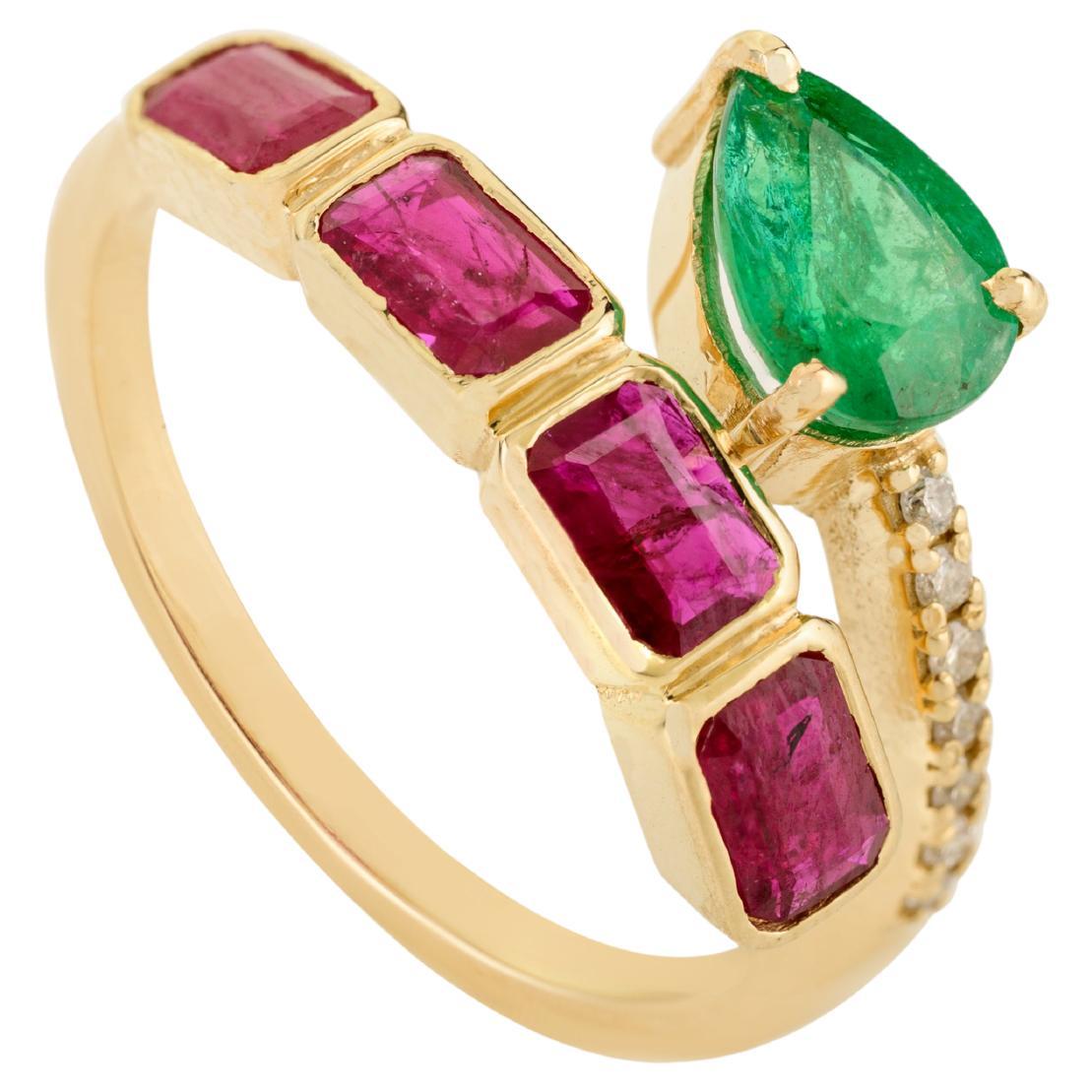 For Sale:  14K Yellow Gold Bypass Cocktail Ring with 1.59 Natural Ruby, Emerald & Diamond