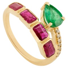 14K Yellow Gold Bypass Cocktail Ring with 1.59 Natural Ruby, Emerald & Diamond