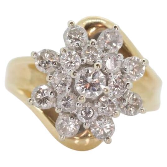 14k Yellow Gold Bypass daisy Ring. Round Diamond 1ctw Snowflake Cluster Ring.