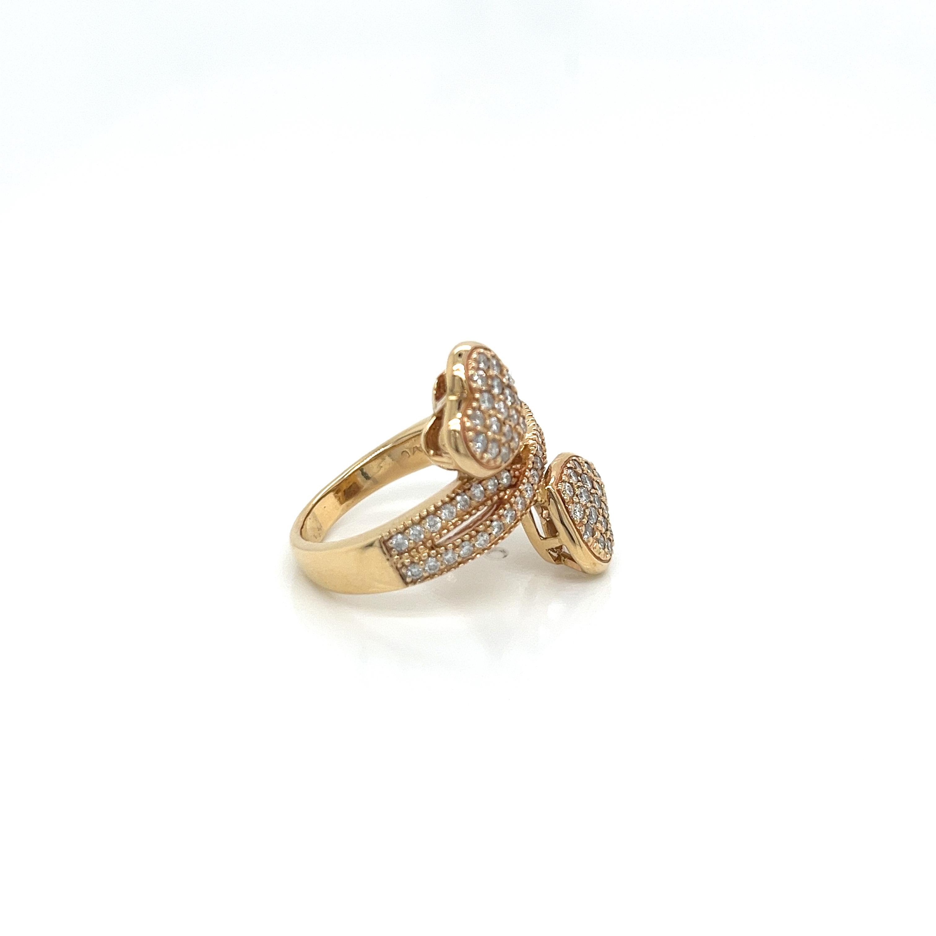 14k Yellow Gold Bypass Double Heart Pave Diamond Ring In New Condition For Sale In Boston, MA