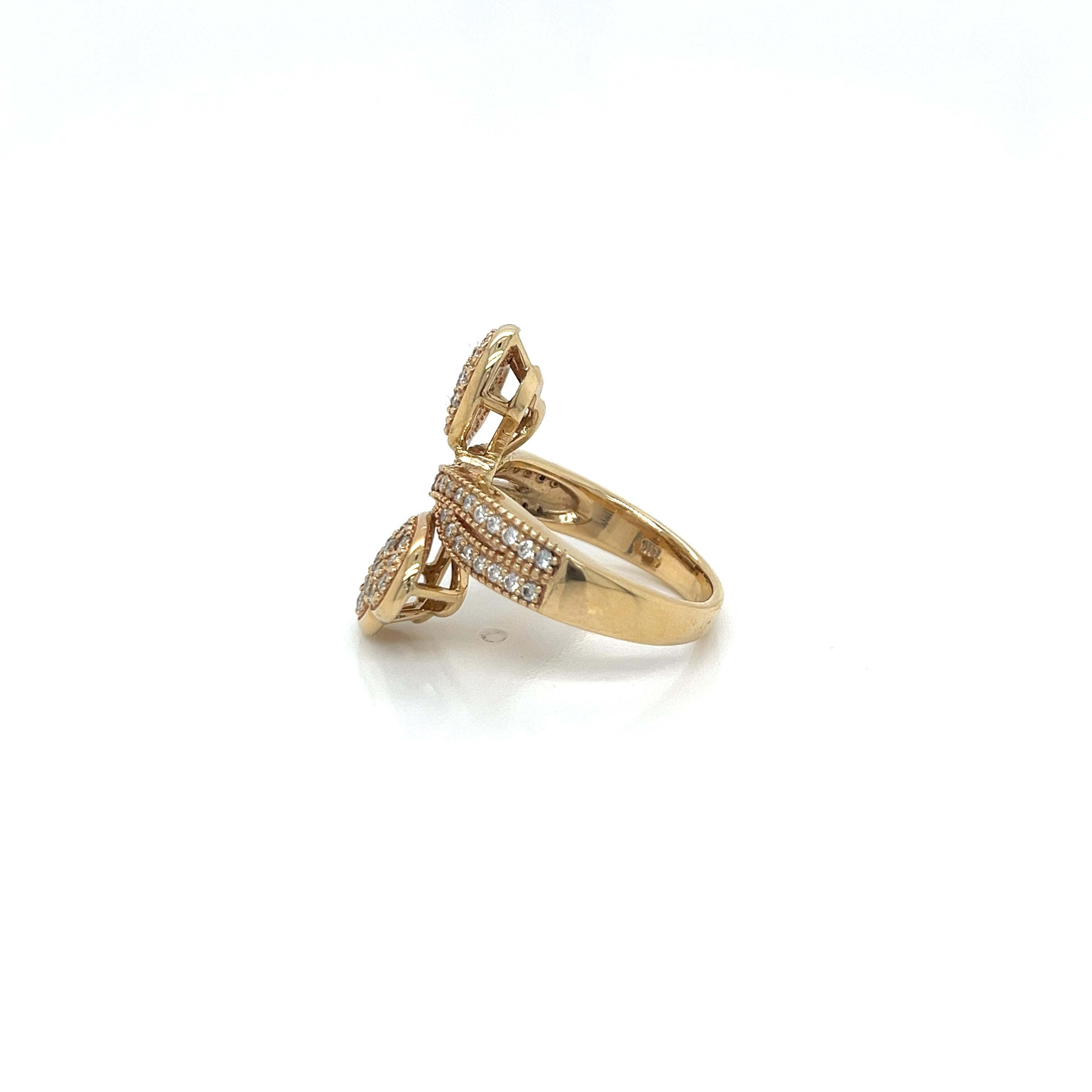 14k Yellow Gold Bypass Double Heart Pave Diamond Ring For Sale 1