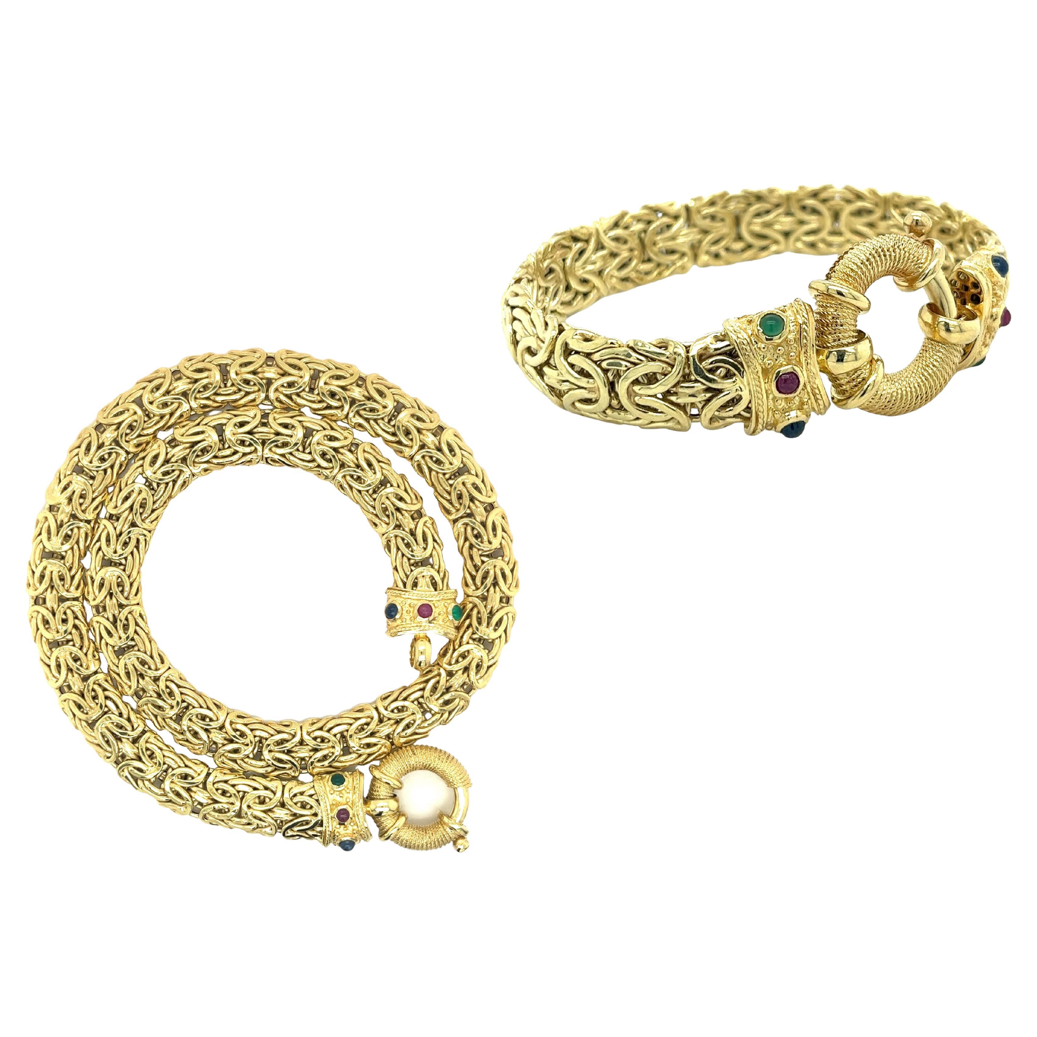 14k Yellow Gold Byzantine Gold Chain Bracelet & Necklace Set For Sale