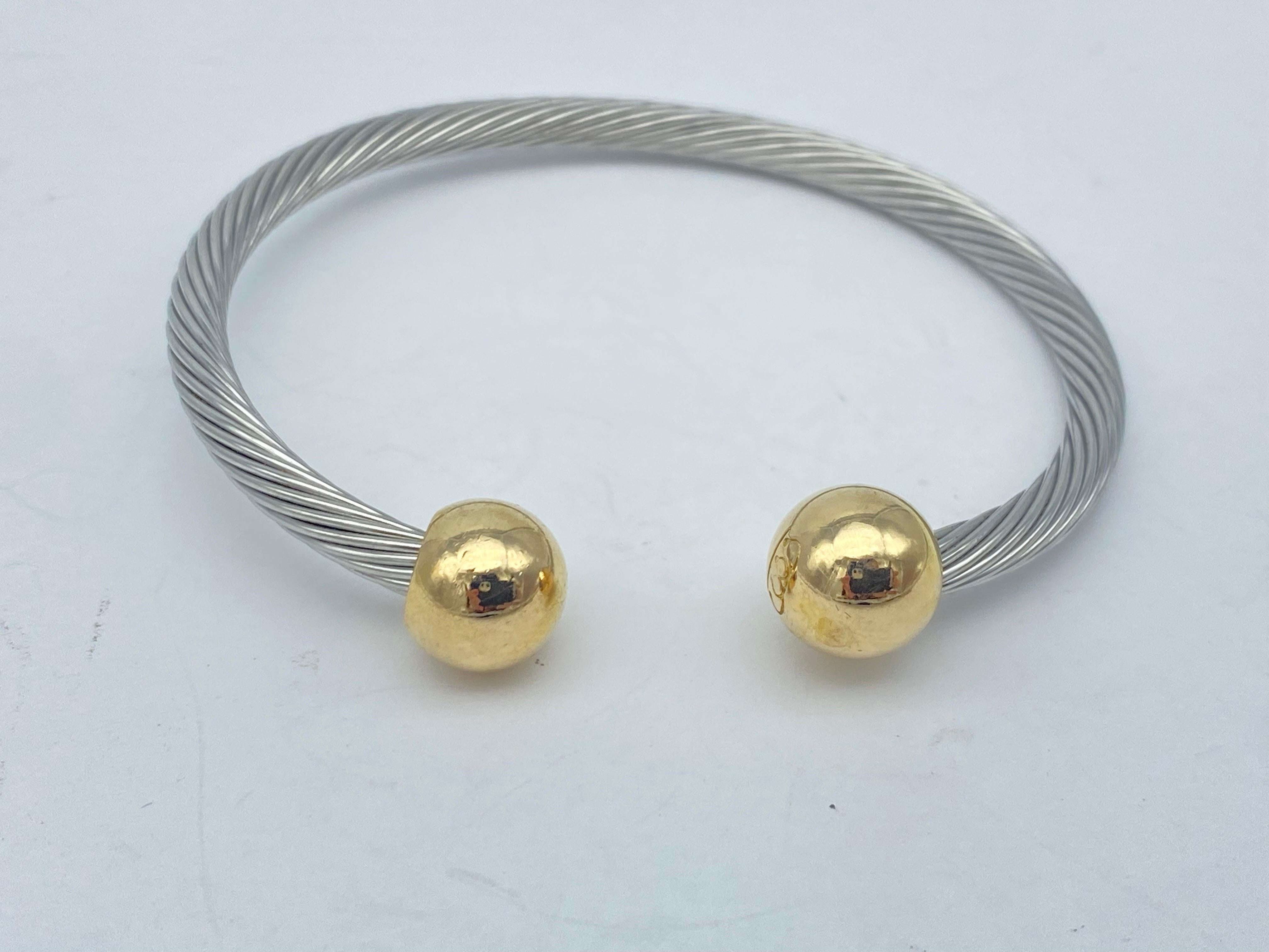 Women's or Men's 14k Yellow Gold Cable Wire Bracelet Ball Accents