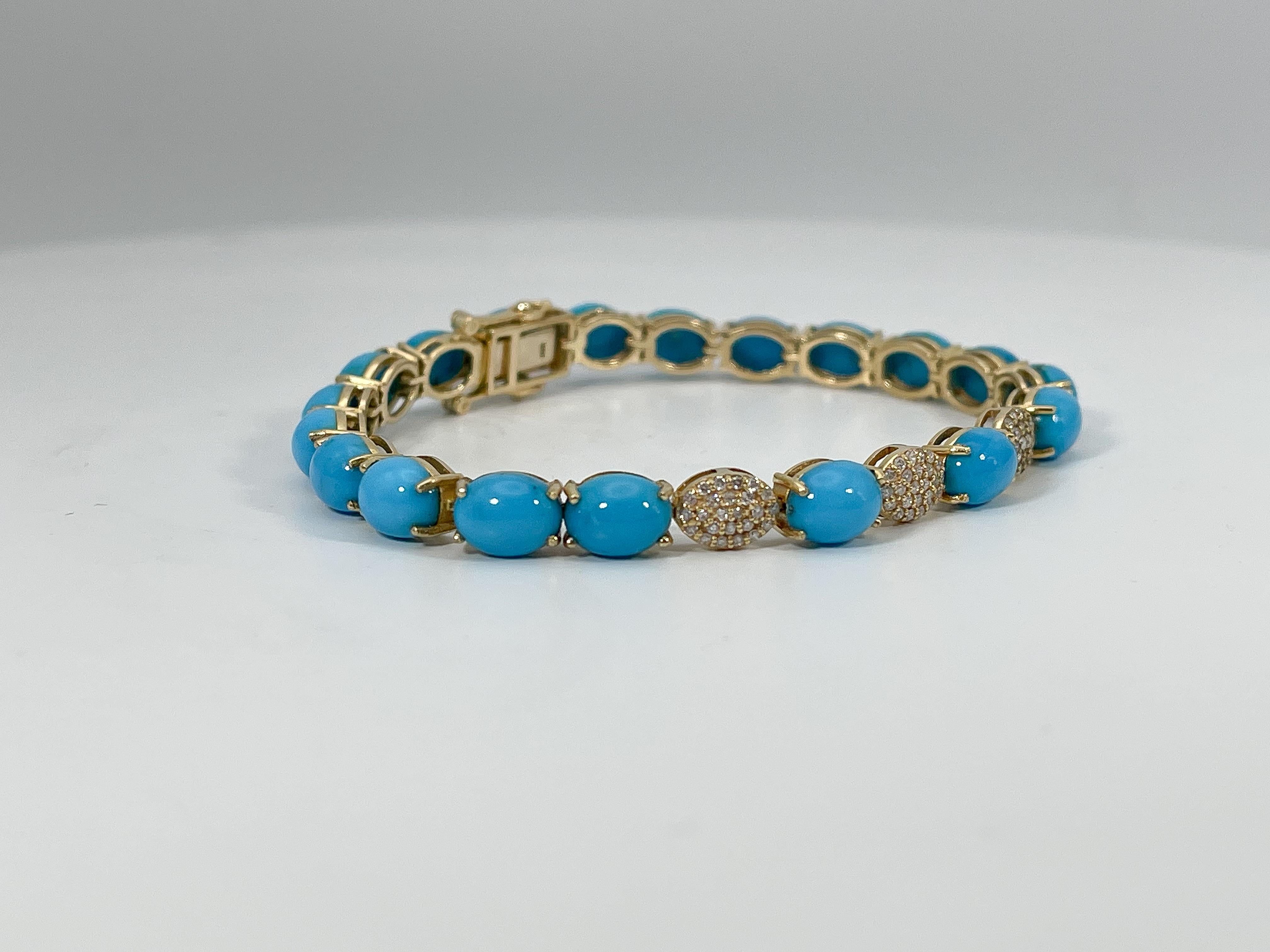Oval Cut 14K Yellow Gold Cabo Turquoise and.45 CTW Diamond Bracelet  For Sale