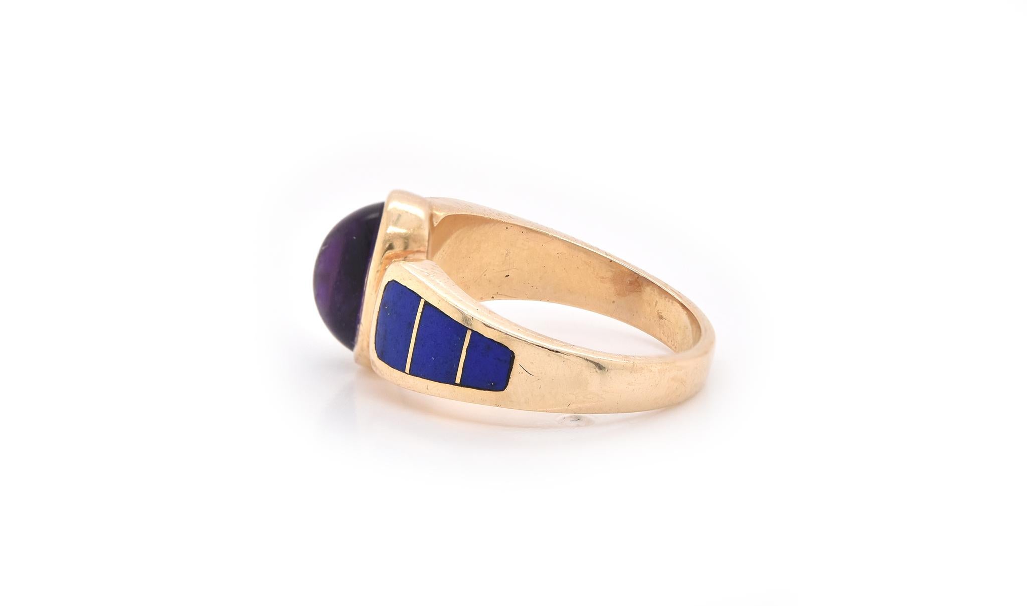 Oval Cut 14 Karat Yellow Gold Cabochon Amethyst Ring with Lapis
