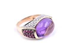 14 Karat Yellow Gold Cabochon Amethyst, Ruby and Diamond Ring