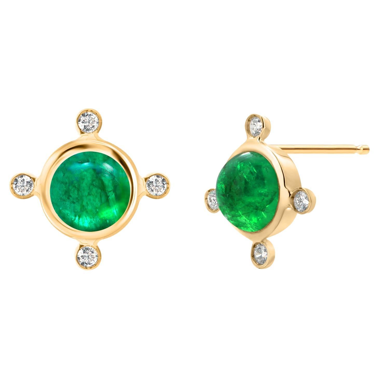 14K Yellow Gold Cabochon Emerald & Diamond Bezel Set Earrings 2.70 Carats