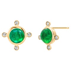 14K Yellow Gold Cabochon Emerald & Diamond Bezel Set Earrings 2.70 Carats