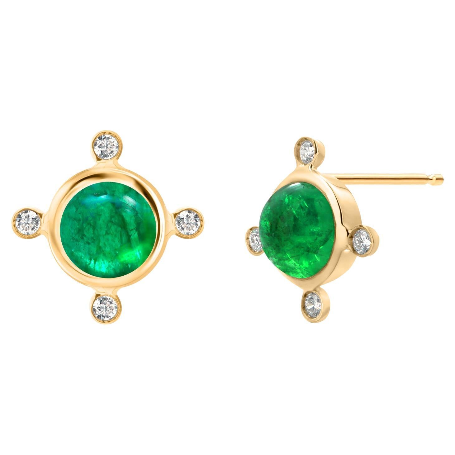 14K Yellow Gold Cabochon Emerald 
Diamond Bezel Set Earrings 2.70 Carats