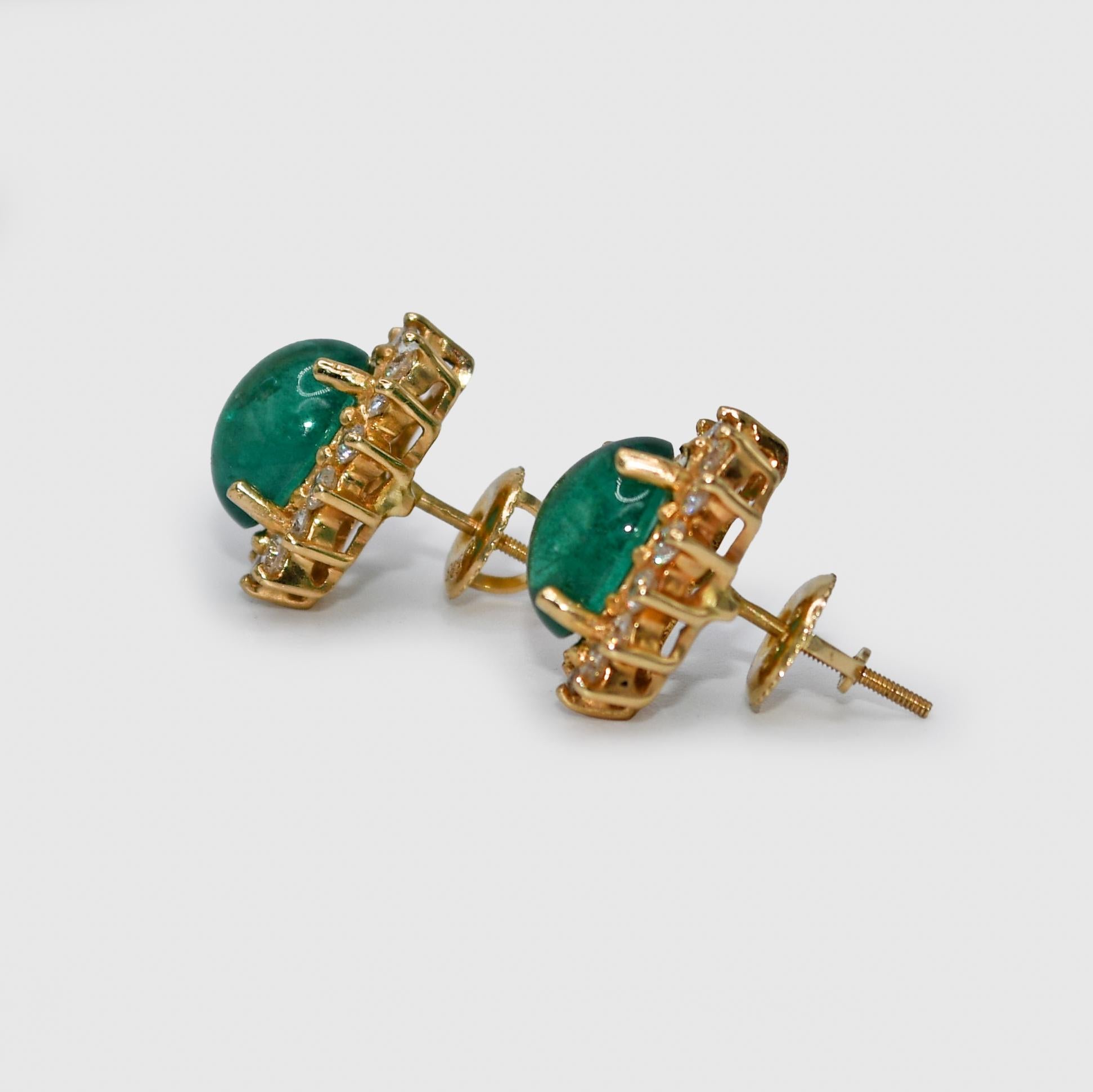Emerald Cut 14K Yellow Gold Cabochon Emerald & Diamond Earrings 4.8g For Sale