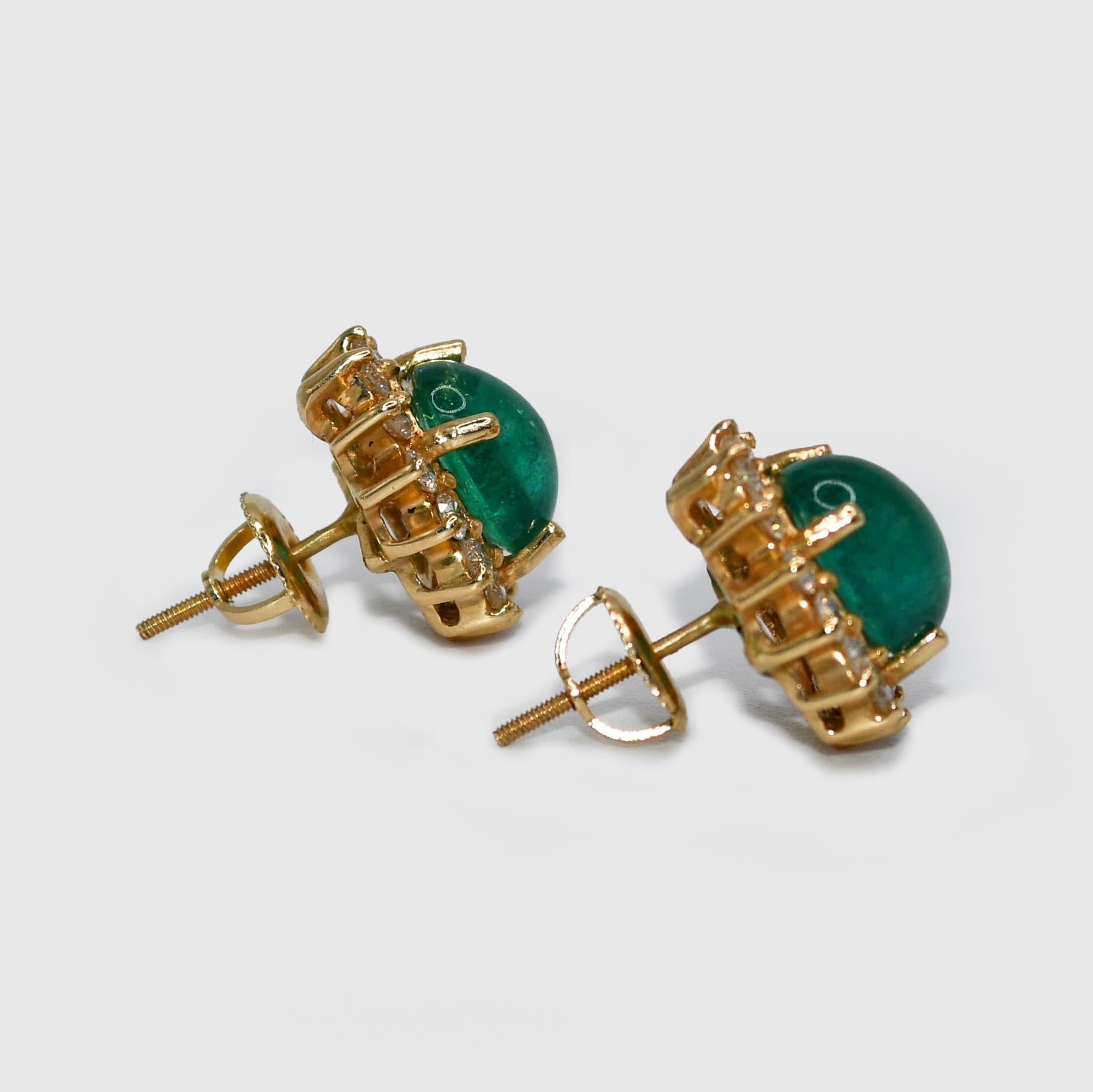 Women's or Men's 14K Yellow Gold Cabochon Emerald & Diamond Earrings 4.8g For Sale
