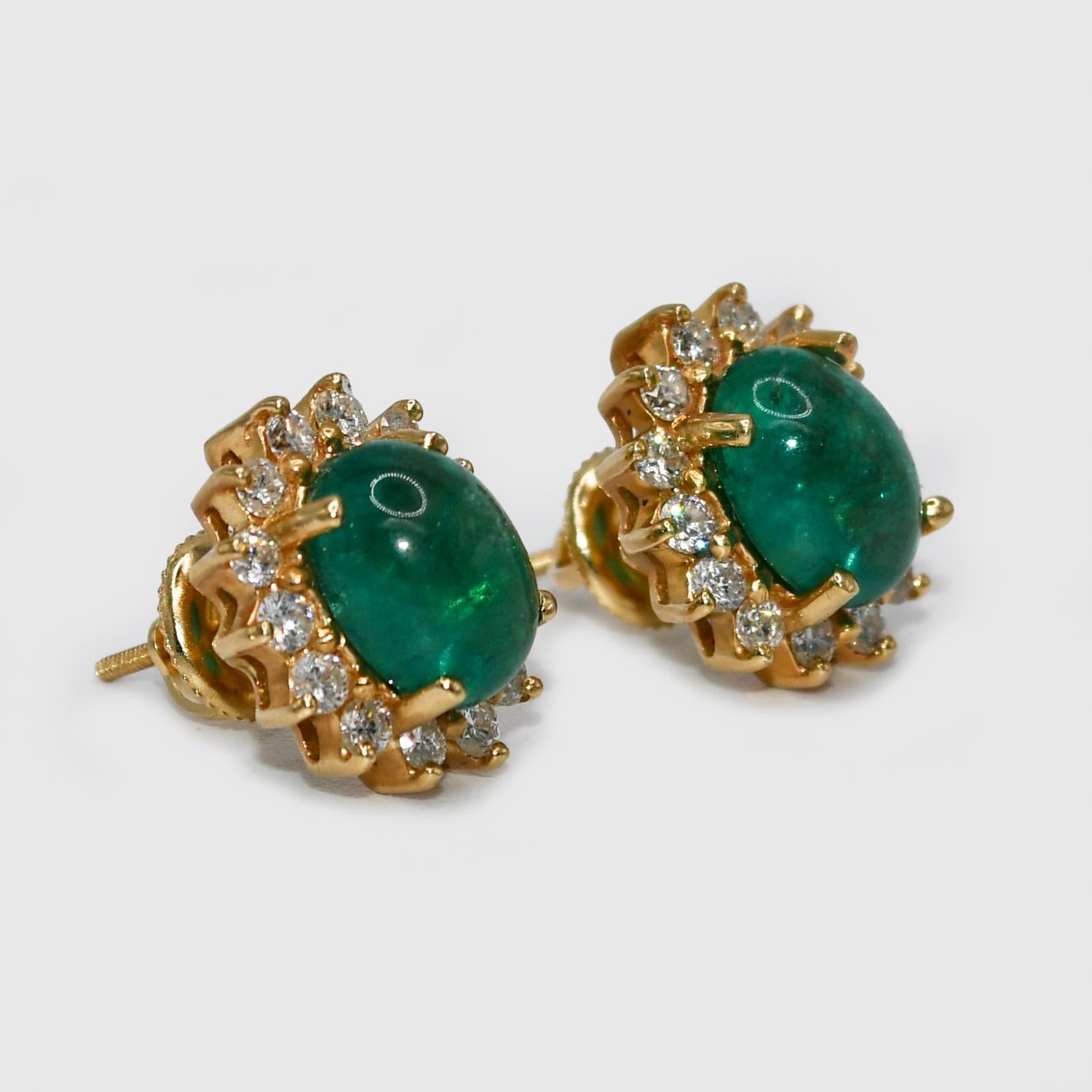 14K Yellow Gold Cabochon Emerald & Diamond Earrings 4.8g For Sale 1