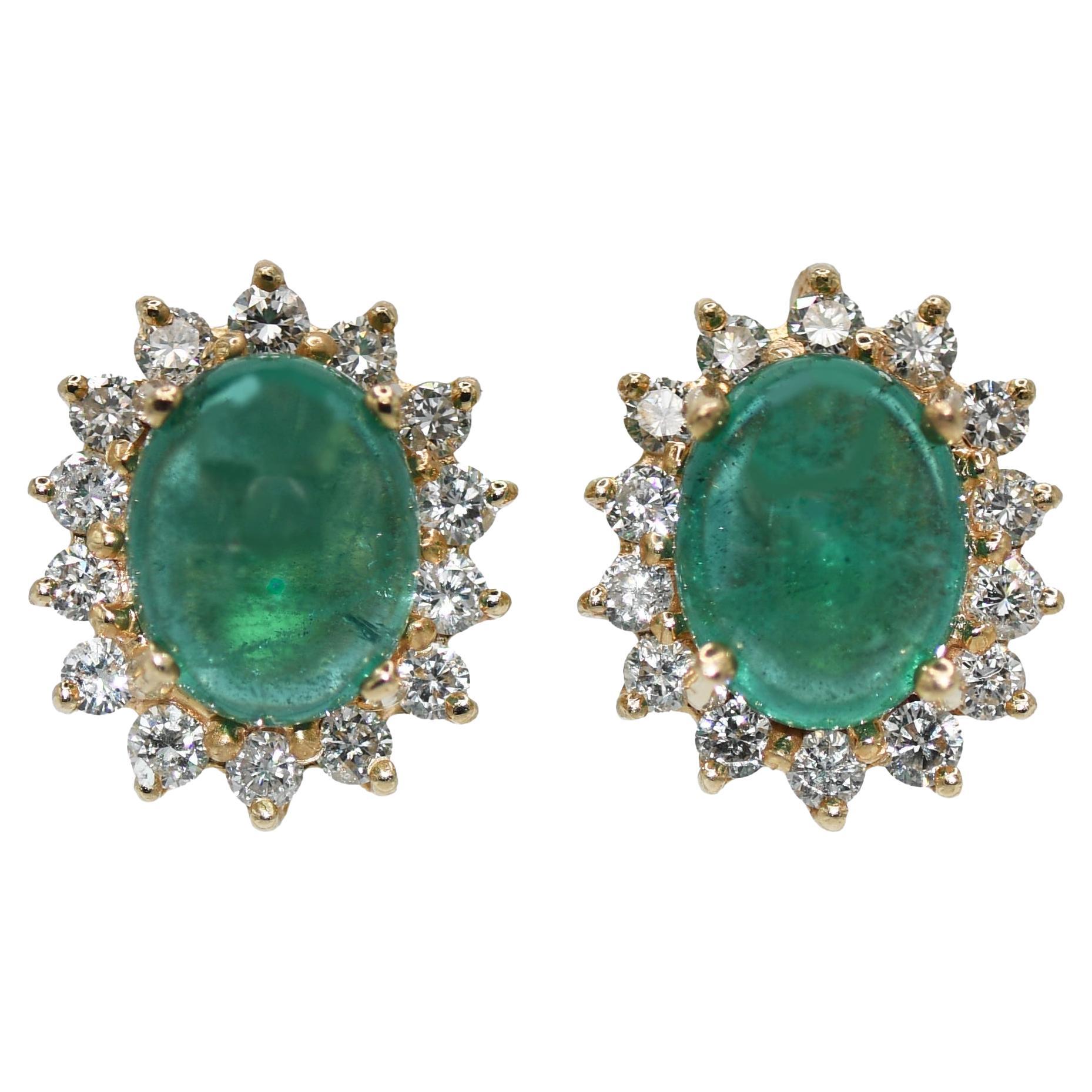 14K Yellow Gold Cabochon Emerald & Diamond Earrings 4.8g