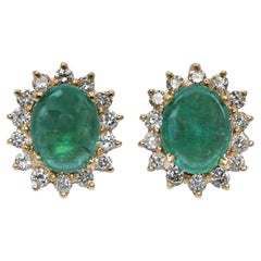 Vintage 14K Yellow Gold Cabochon Emerald & Diamond Earrings 4.8g