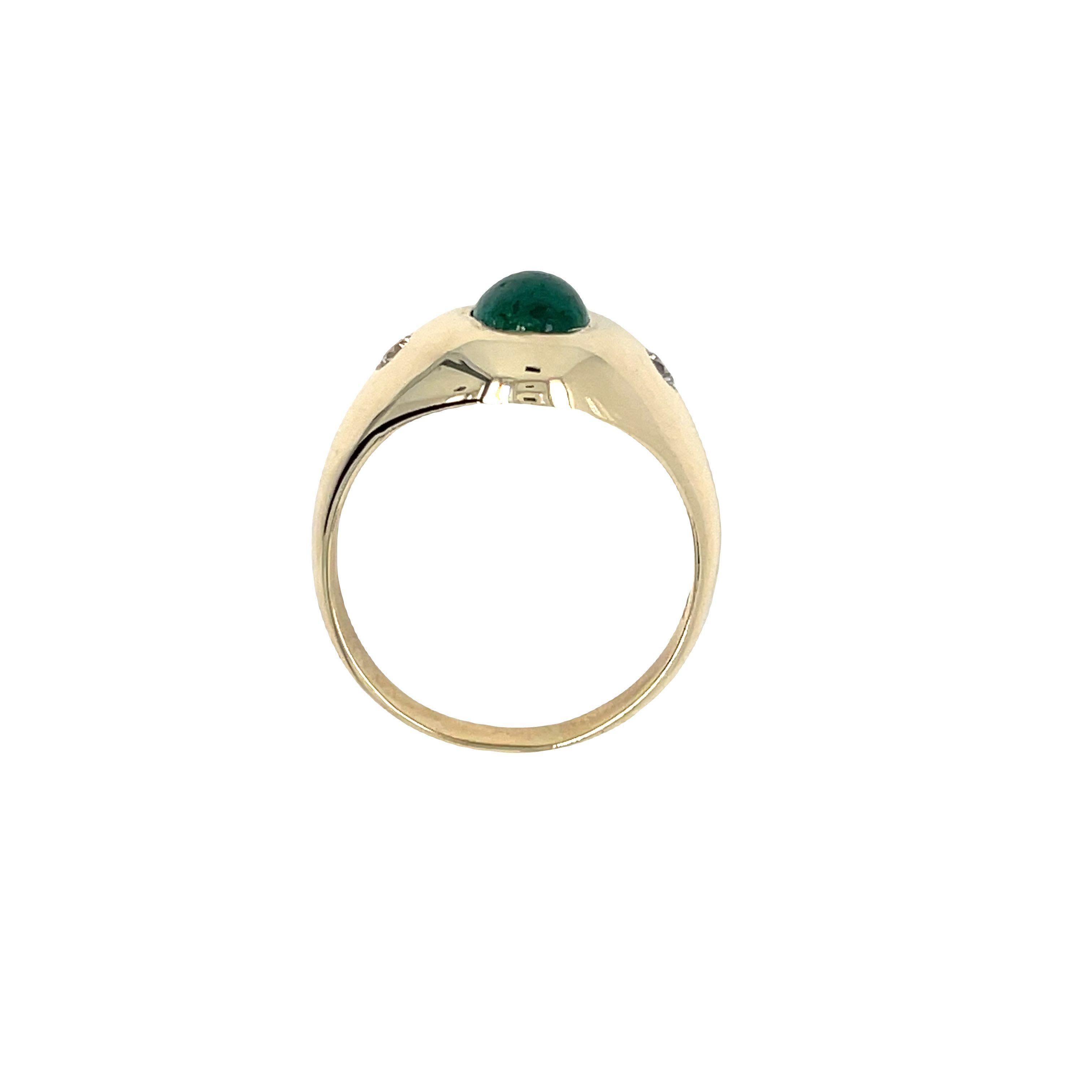 14k Yellow Gold Cabochon Emerald Diamond Three Stone Ring For Sale 1