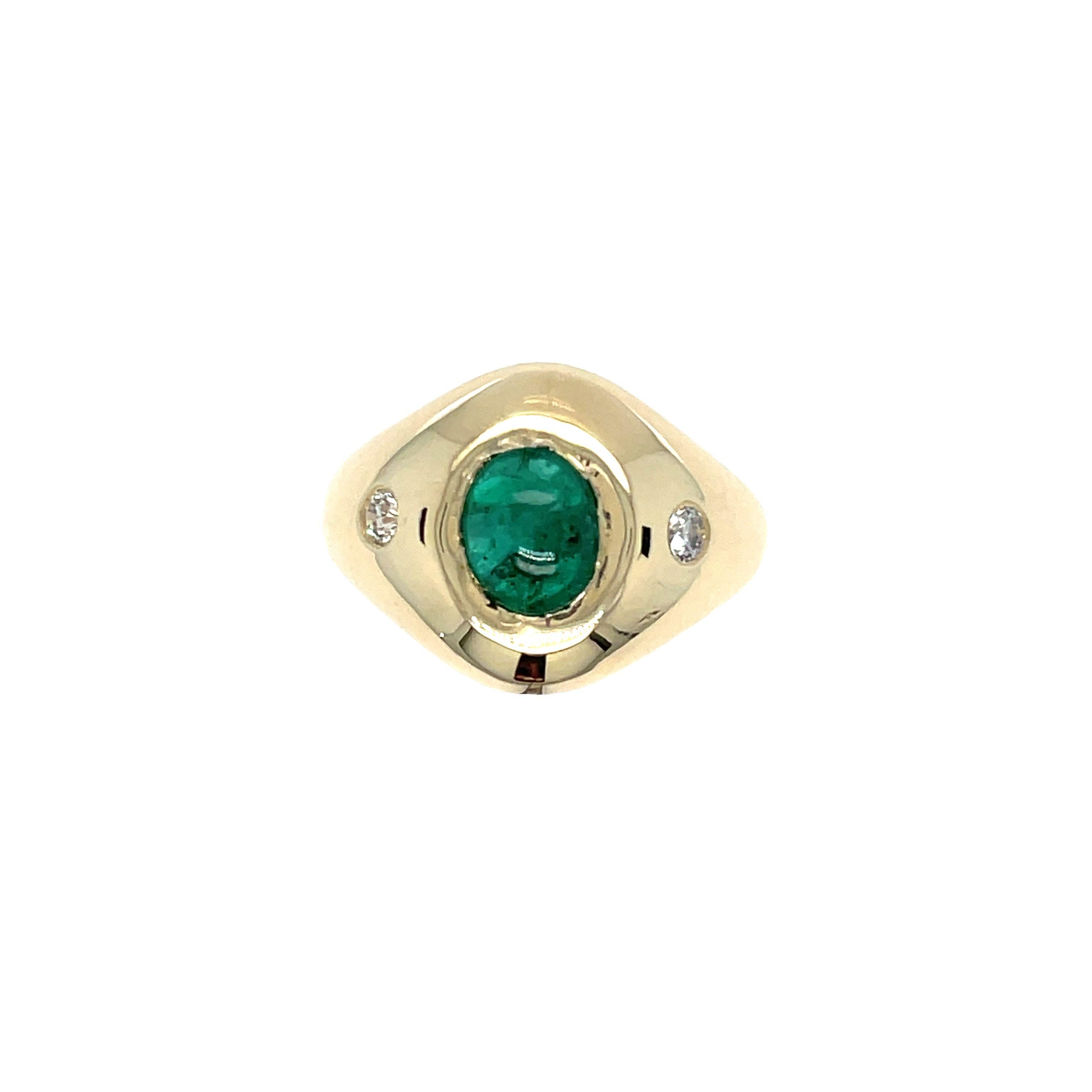 14k Yellow Gold Cabochon Emerald Diamond Three Stone Ring For Sale 2