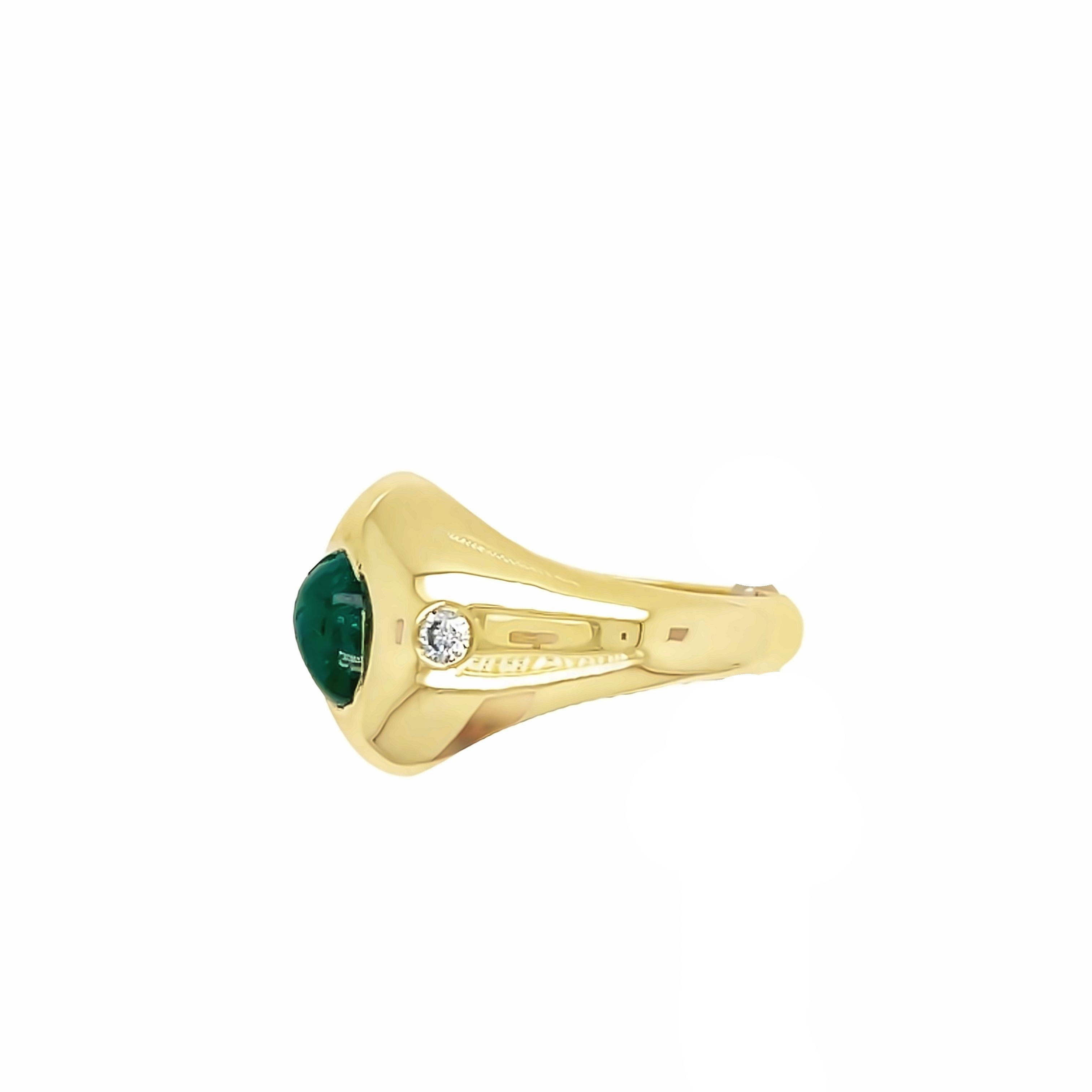 14k Yellow Gold Cabochon Emerald Diamond Three Stone Ring For Sale 3