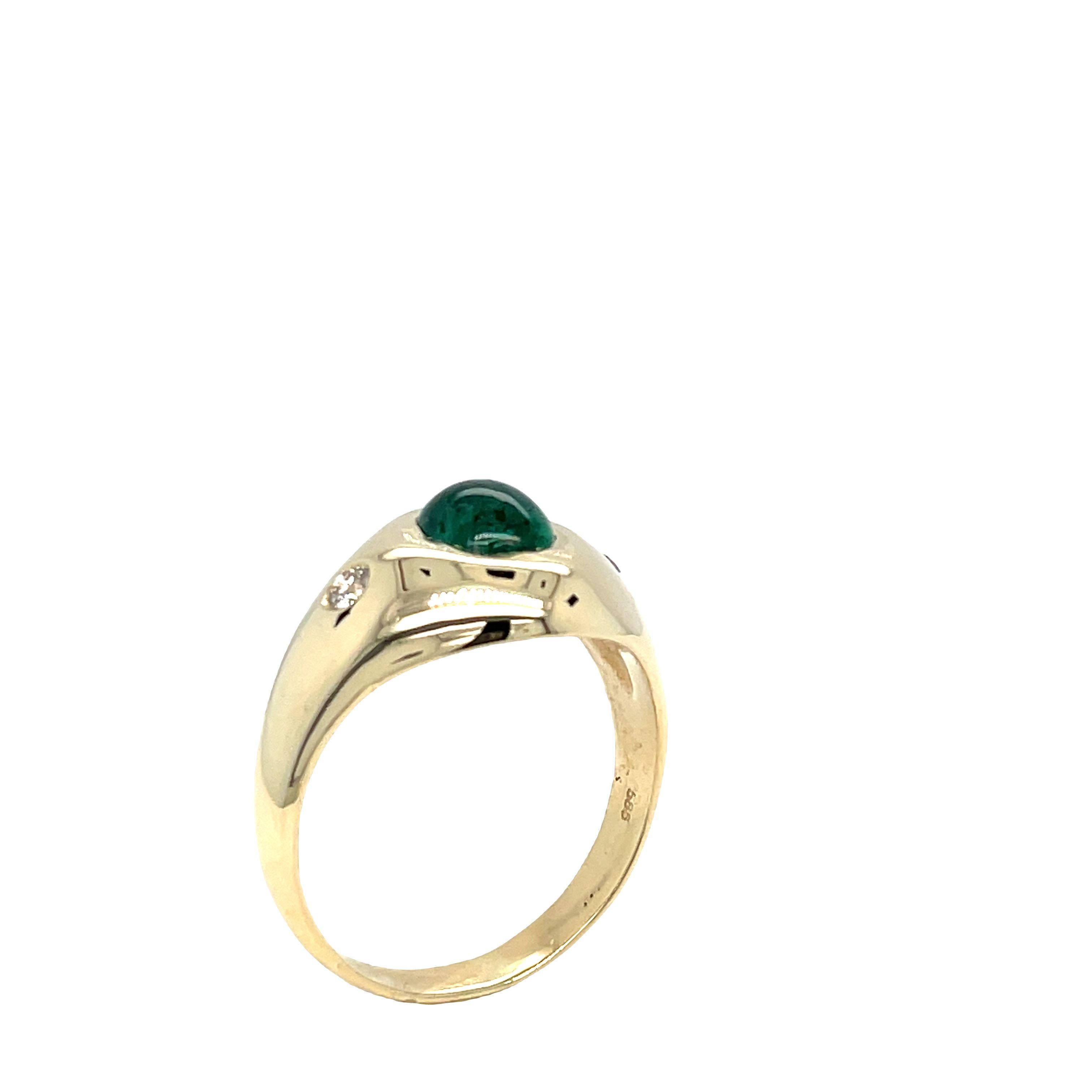 14k Yellow Gold Cabochon Emerald Diamond Three Stone Ring For Sale 4