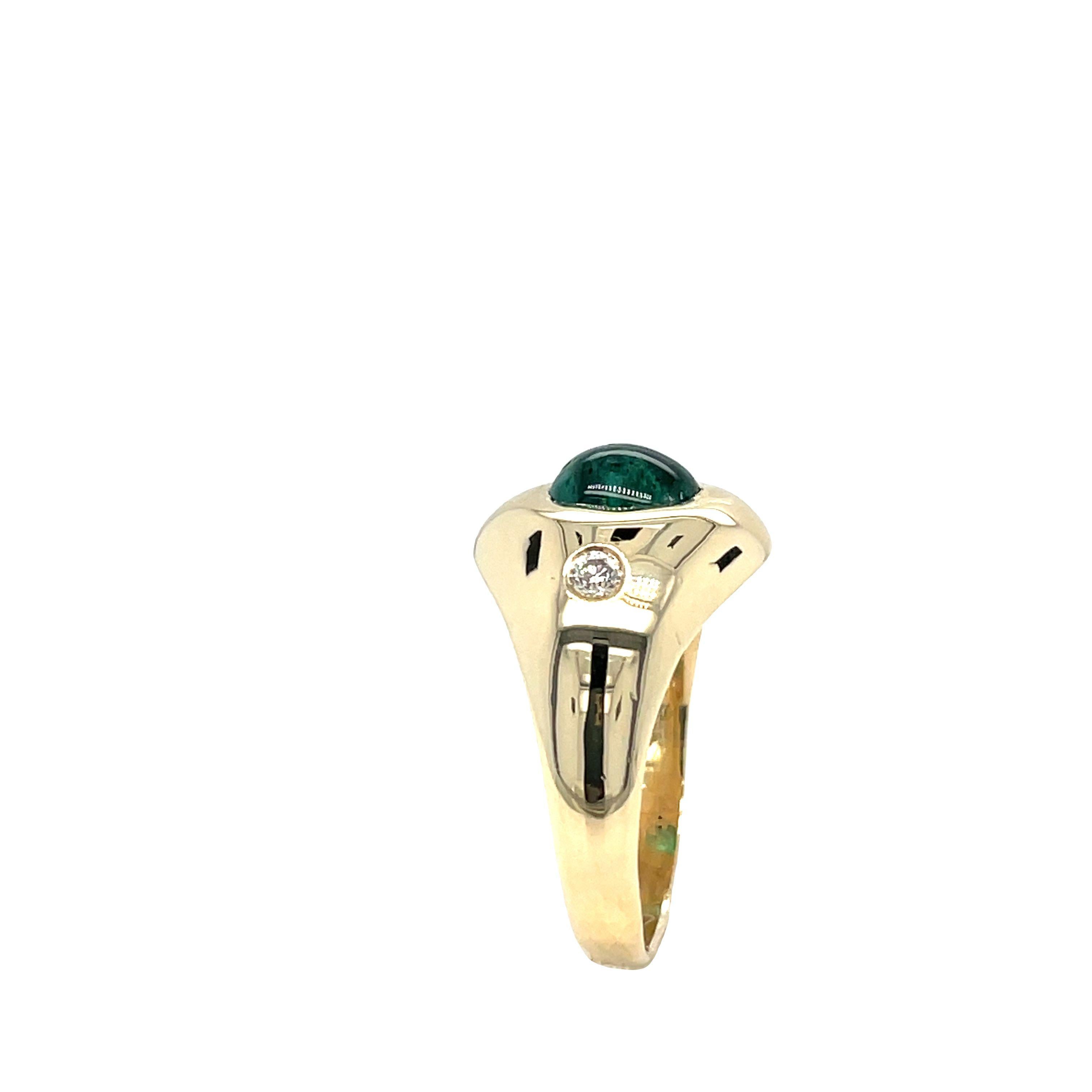 14k Yellow Gold Cabochon Emerald Diamond Three Stone Ring For Sale 5