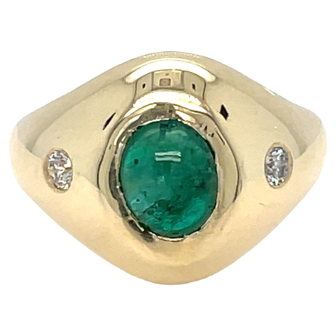 14k Yellow Gold Cabochon Emerald Diamond Three Stone Ring For Sale