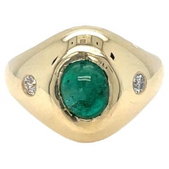 14k Yellow Gold Cabochon Emerald Diamond Three Stone Ring