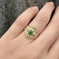 14k Yellow Gold Cabochon Emerald w/ Diamond Floral Textured Matte Finish Ring