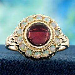 Anello floreale in oro giallo 14K con granato cabochon e opale in stile vintage