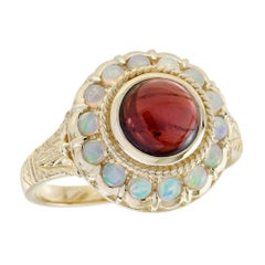14K Yellow Gold Cabochon Garnet and Opal Vintage Style Floral Ring