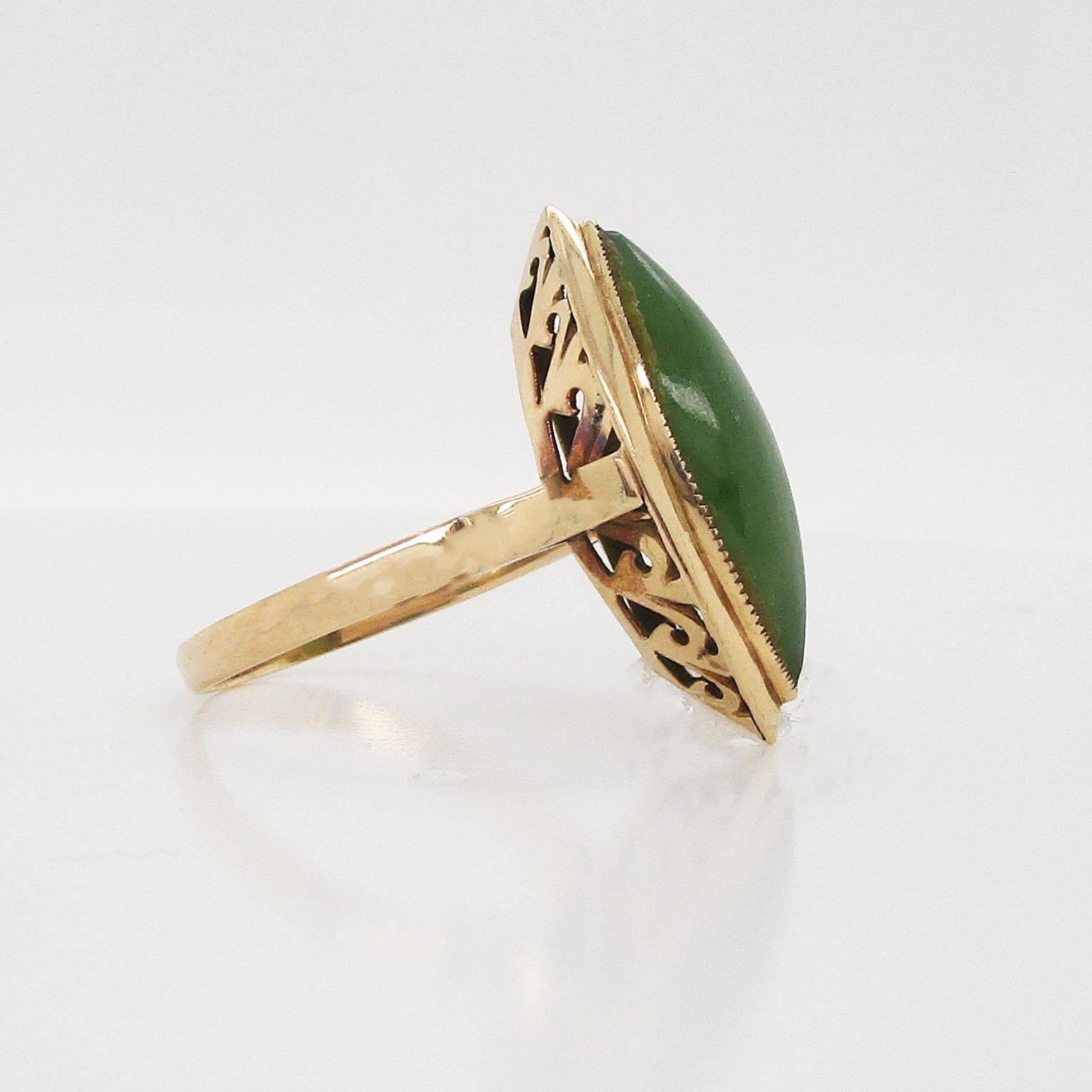 Contemporary 14K Yellow Gold Cabochon Green Jade Statement Ring For Sale