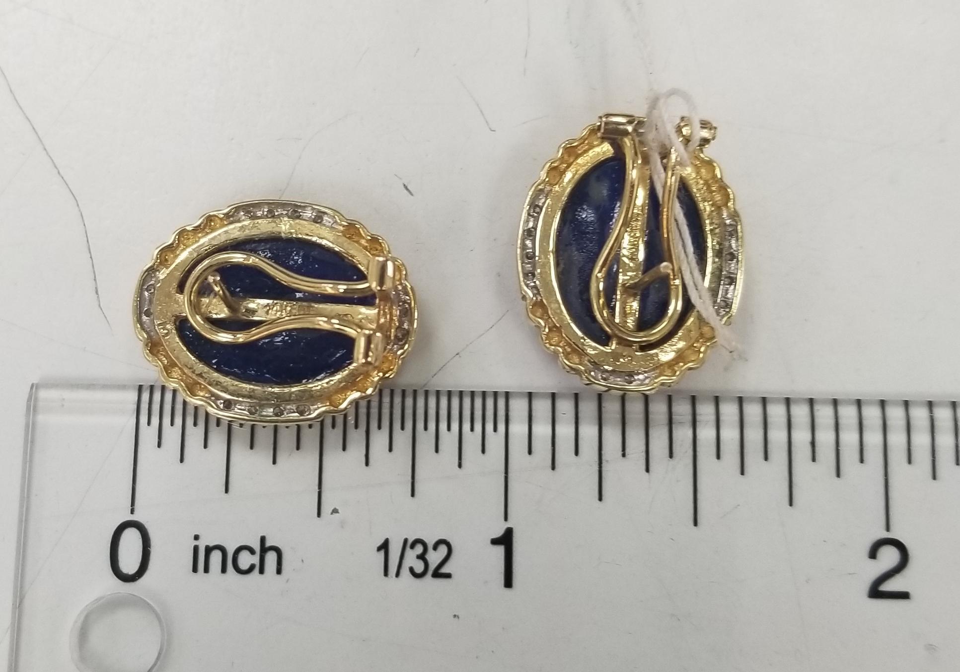 Contemporary 14k Yellow Gold Cabochon Lapis Lazuli and Diamond Earrings For Sale