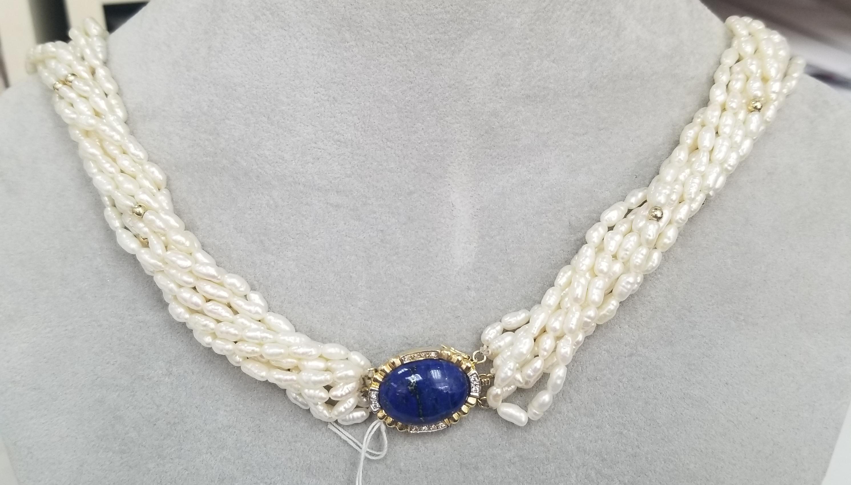 14k Yellow Gold Cabochon Lapis Lazuli and Diamond Necklace & Earring Set For Sale 2