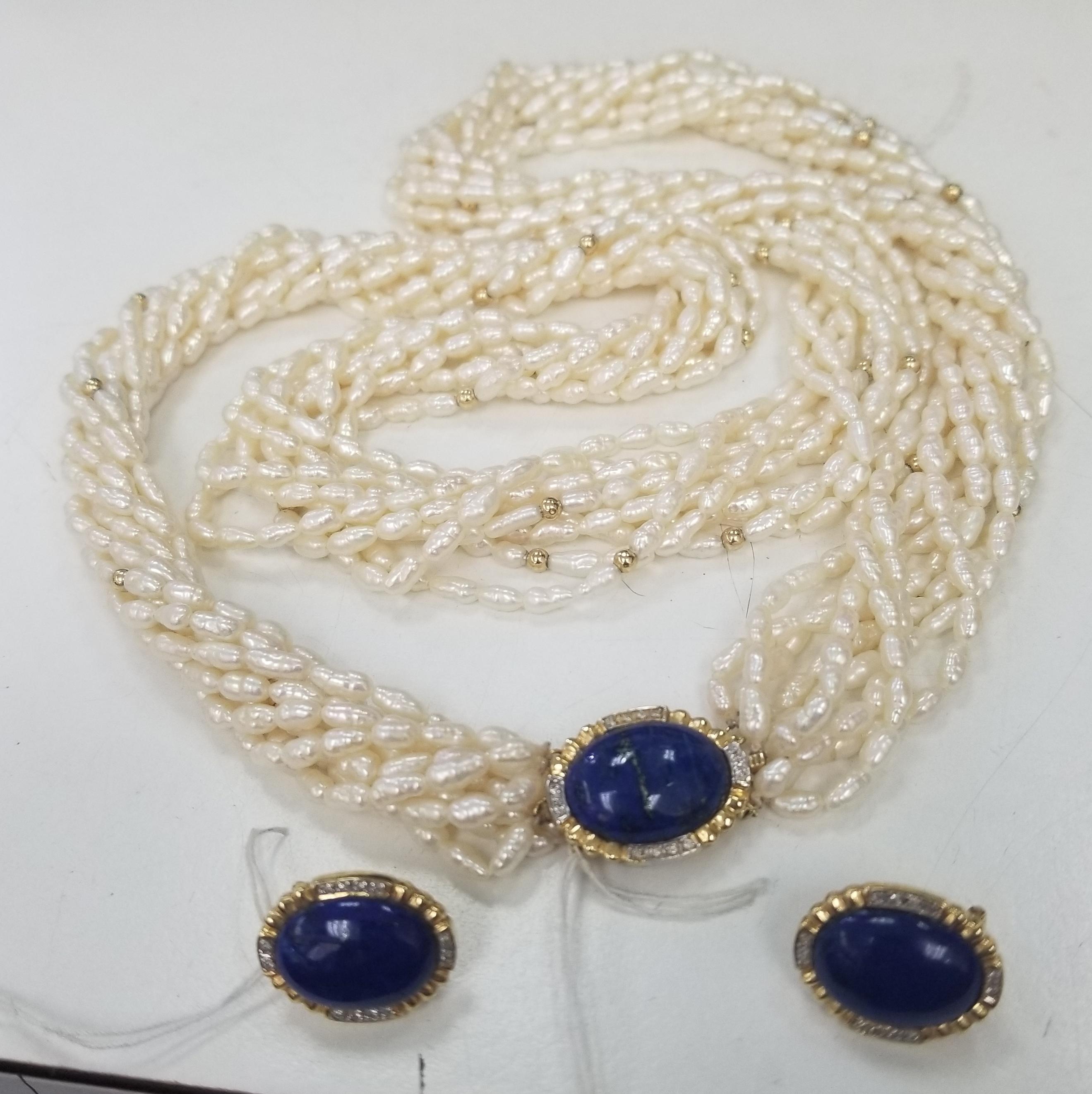 14k Yellow Gold Cabochon Lapis Lazuli and Diamond Necklace & Earring Set For Sale 3