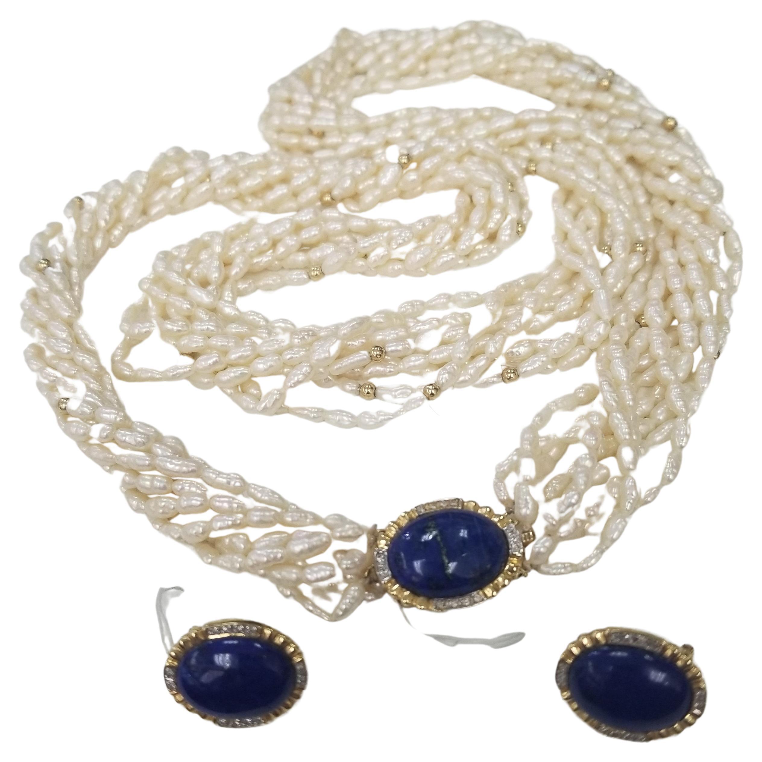 14k Yellow Gold Cabochon Lapis Lazuli and Diamond Necklace & Earring Set