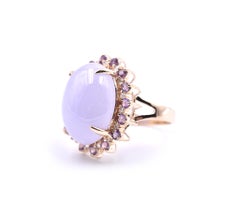 14 Karat Yellow Gold Cabochon Lavender Jade with Amethyst and Diamond Halo Ring