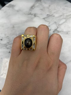 14k Yellow Gold Cabochon Onyx and Diamond Signet Ring