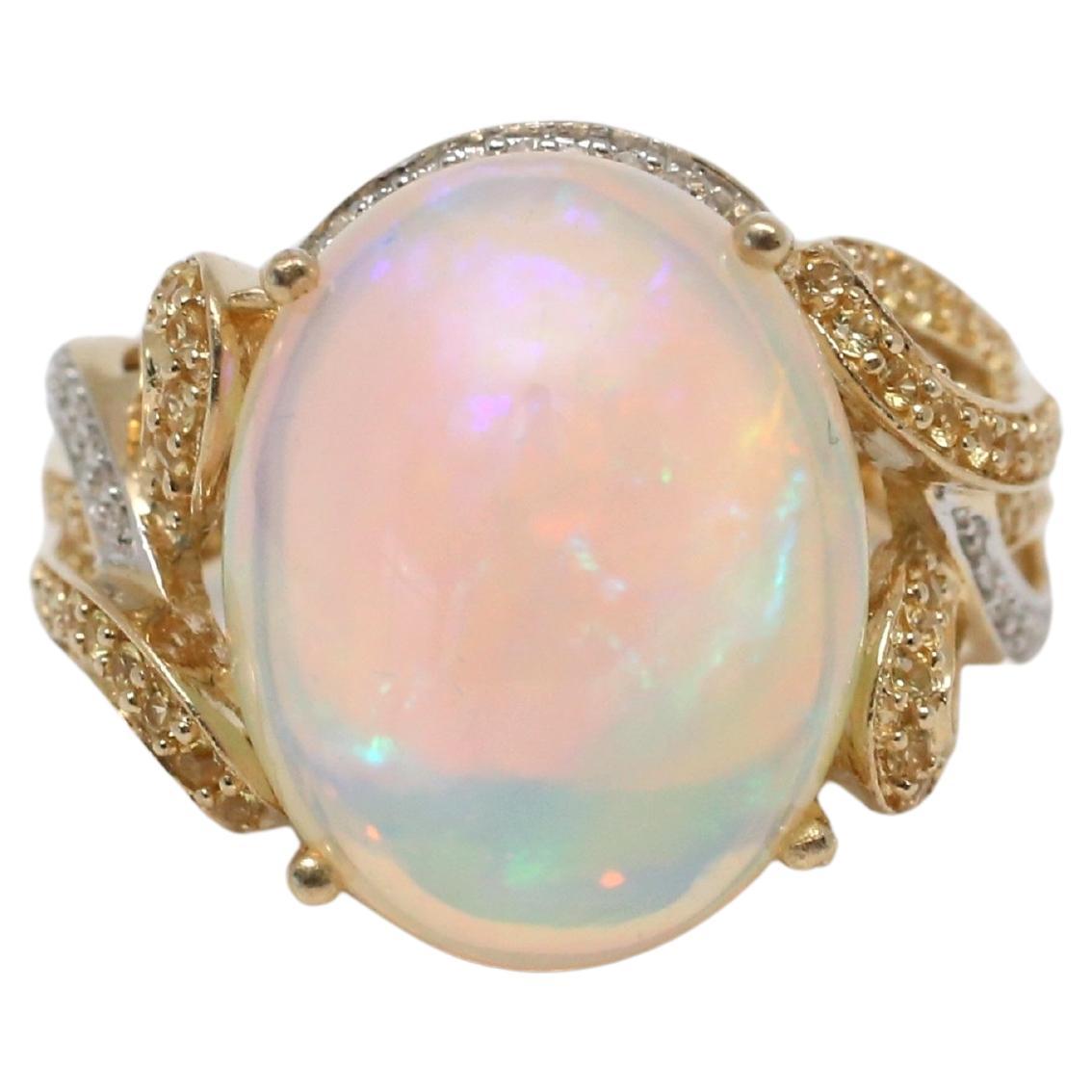 14k Yellow Gold Cabochon Opal & Diamond Ring, Size 8.25 - 11.0g