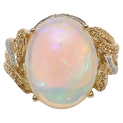 14k Yellow Gold Cabochon Opal & Diamond Ring, Size 8.25 - 11.0g