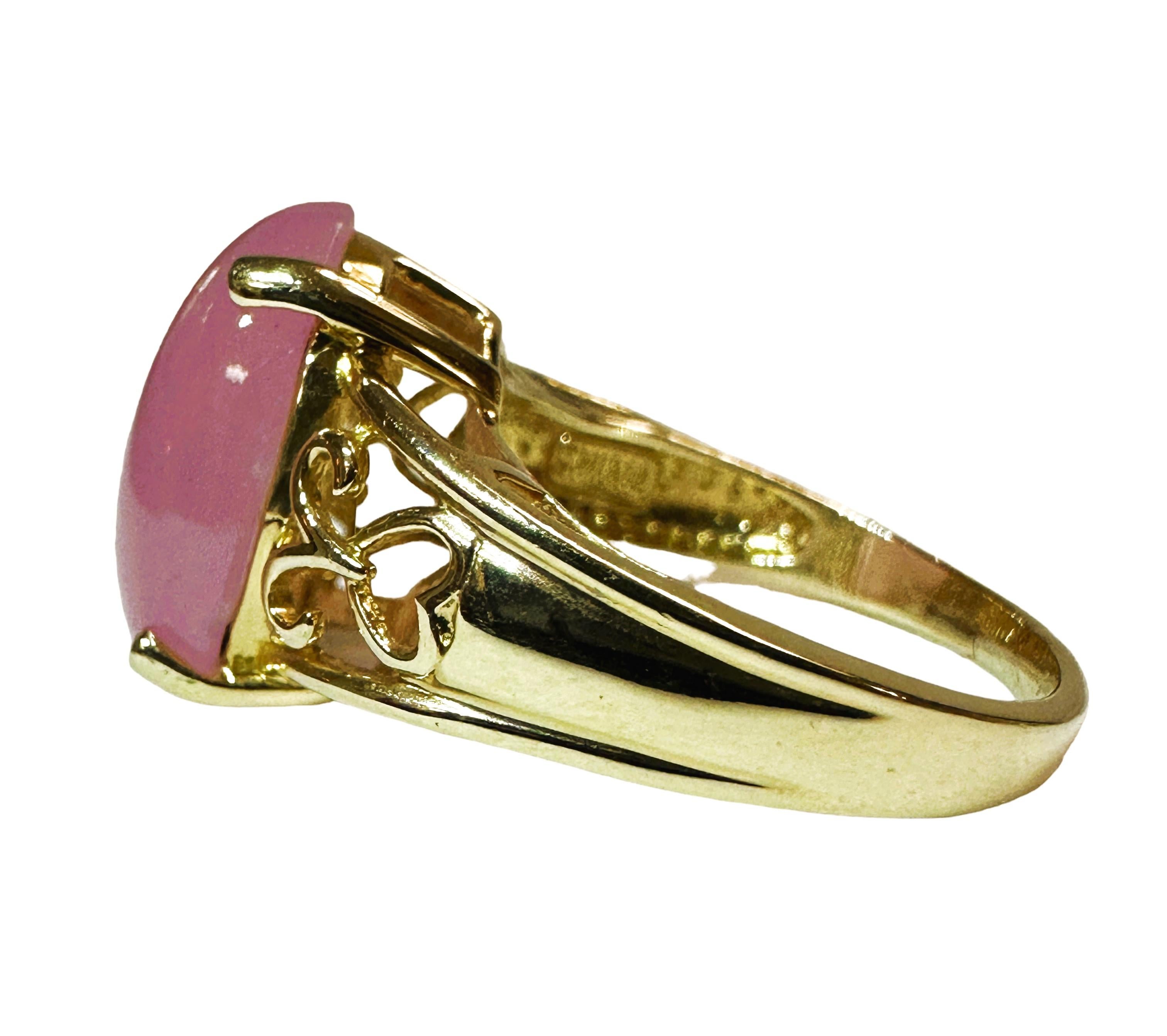 Art Deco 14k Yellow Gold Cabochon Pink Quartz Filigree Ring Size 6 For Sale