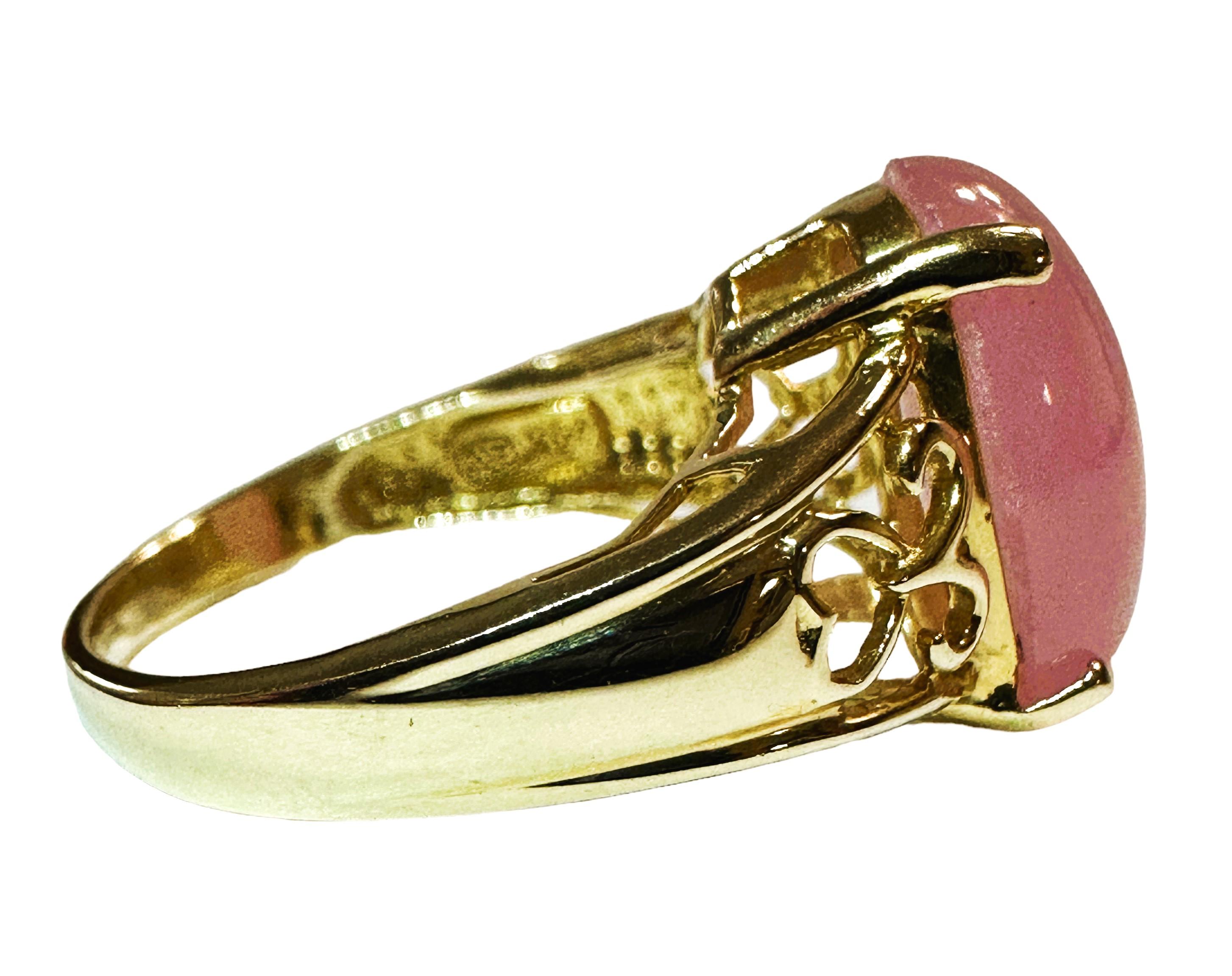Women's 14k Yellow Gold Cabochon Pink Quartz Filigree Ring Size 6 For Sale