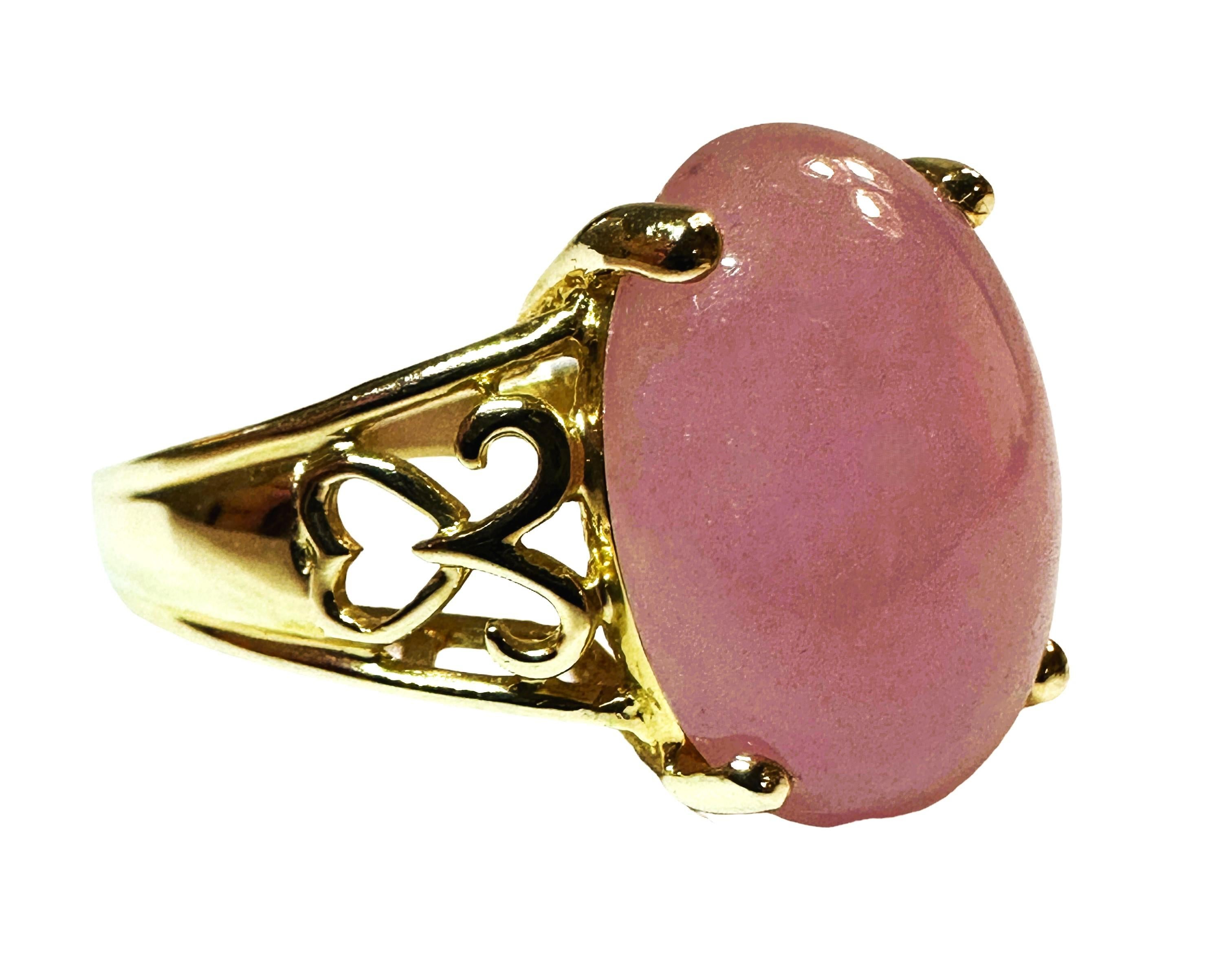 14k Yellow Gold Cabochon Pink Quartz Filigree Ring Size 6 For Sale 1