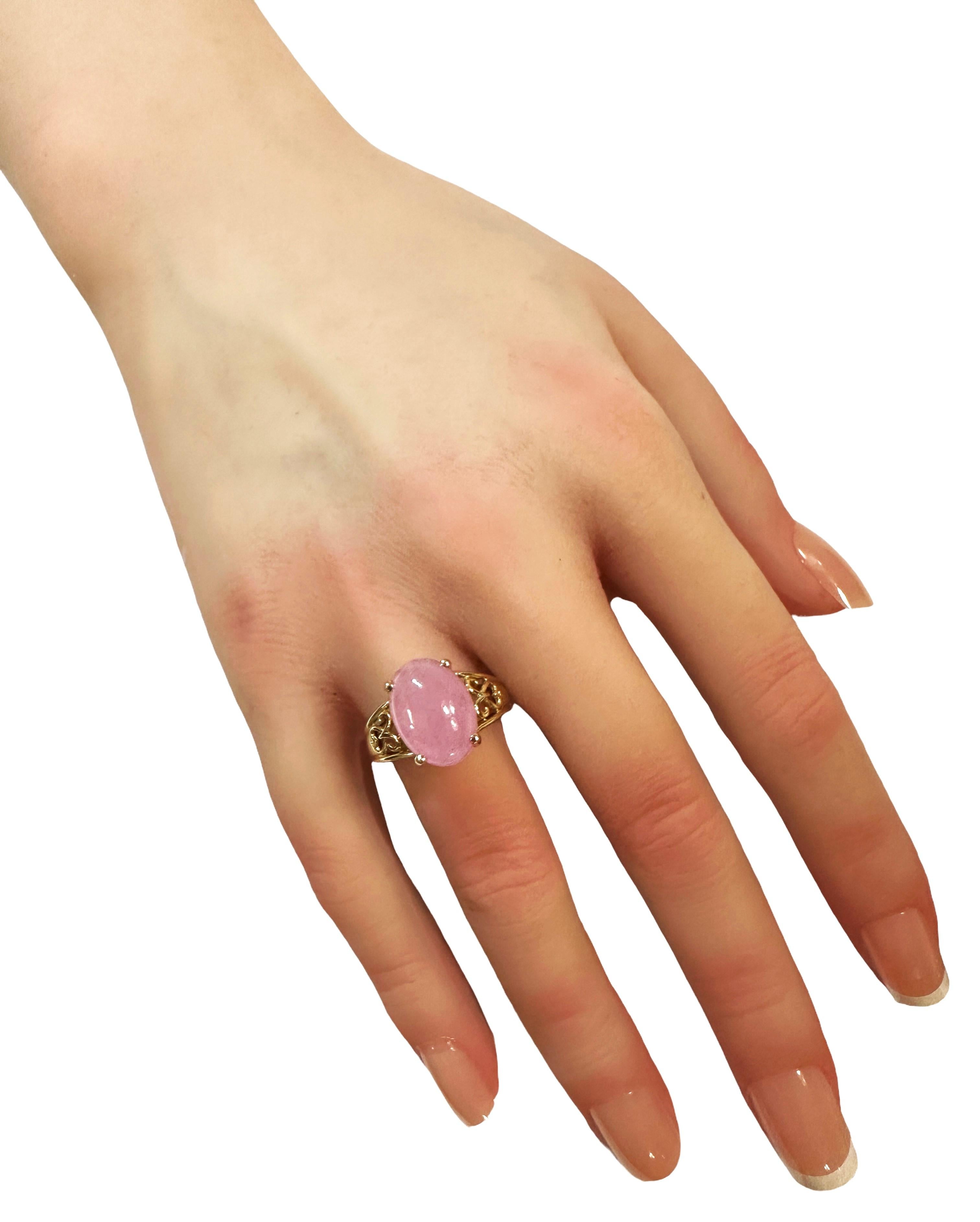 14k Yellow Gold Cabochon Pink Quartz Filigree Ring Size 6 For Sale 2