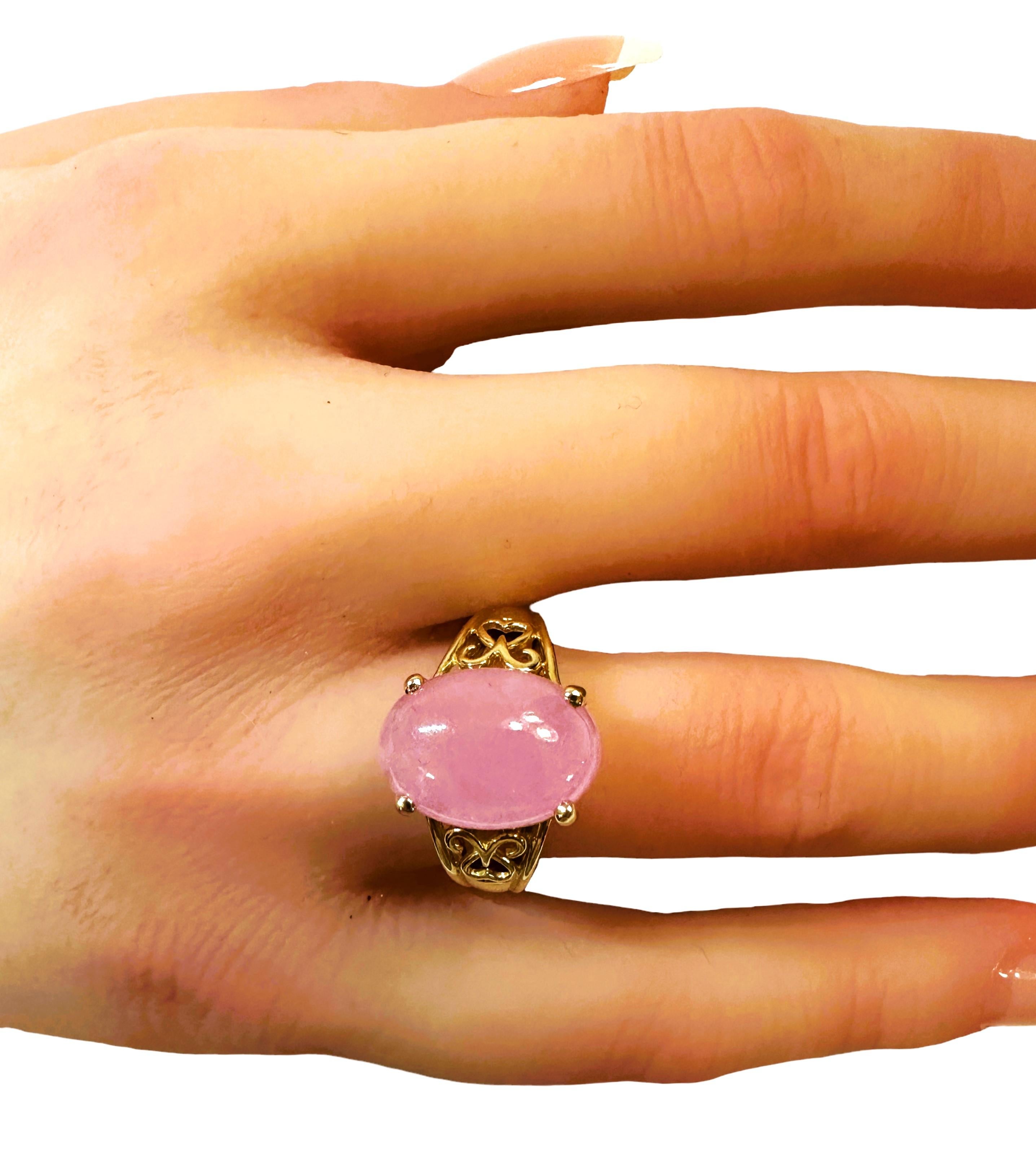 14k Yellow Gold Cabochon Pink Quartz Filigree Ring Size 6 For Sale 3