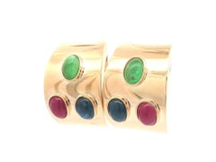 14k Yellow Gold Cabochon Ruby Emerald & Sapphire Wide Cuff Clip On Earrings