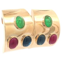 14k Yellow Gold Cabochon Ruby Emerald & Sapphire Wide Cuff Clip On Earrings