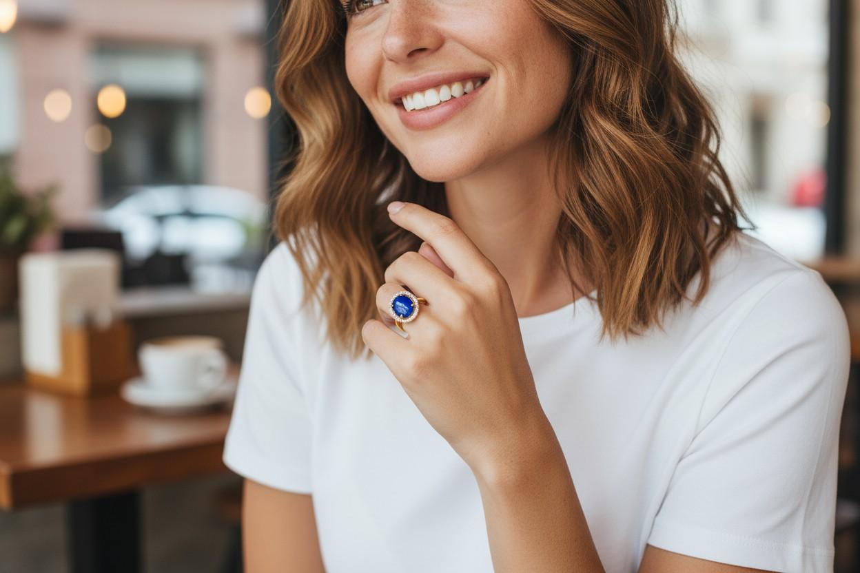 Cette exquise bague halo en or jaune 14K célèbre l'élégance intemporelle et l'art de la joaillerie fine. En son centre repose un saphir cabochon ovale d'un poids impressionnant de 4,06 carats, dont la surface lisse et veloutée rayonne d'un riche