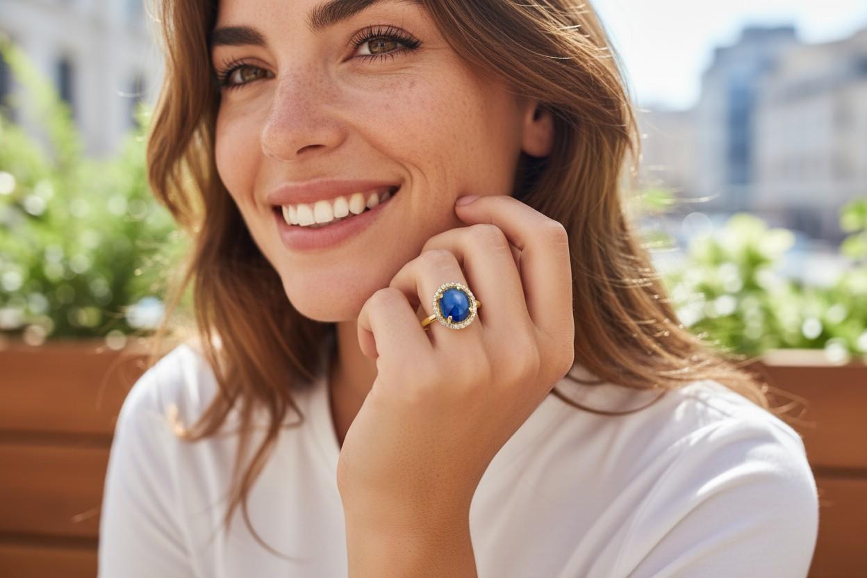 Taille cabochon Bague halo en or jaune 14K avec saphir cabochon et diamant en vente