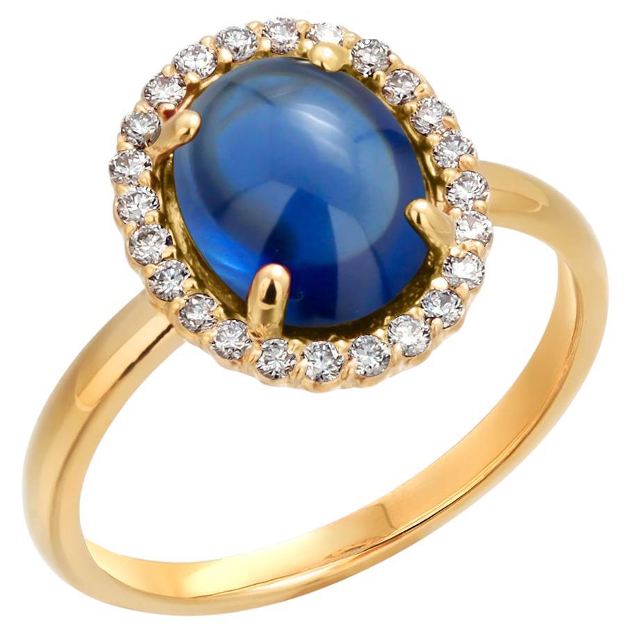 Bague halo en or jaune 14K avec saphir cabochon et diamant en vente