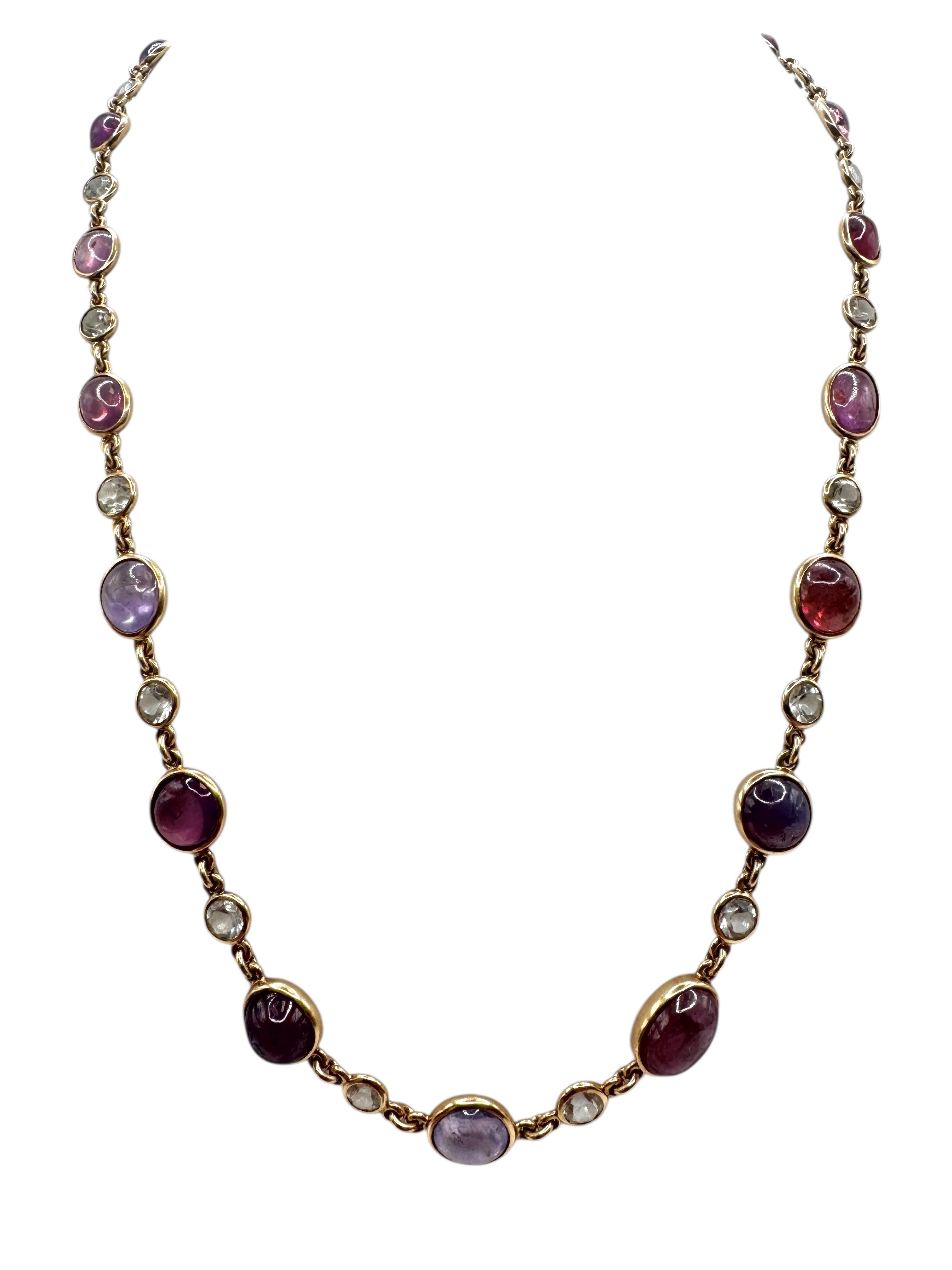 14K Yellow Gold Cabochon Sapphire and White Sapphire Necklace in vendita 1