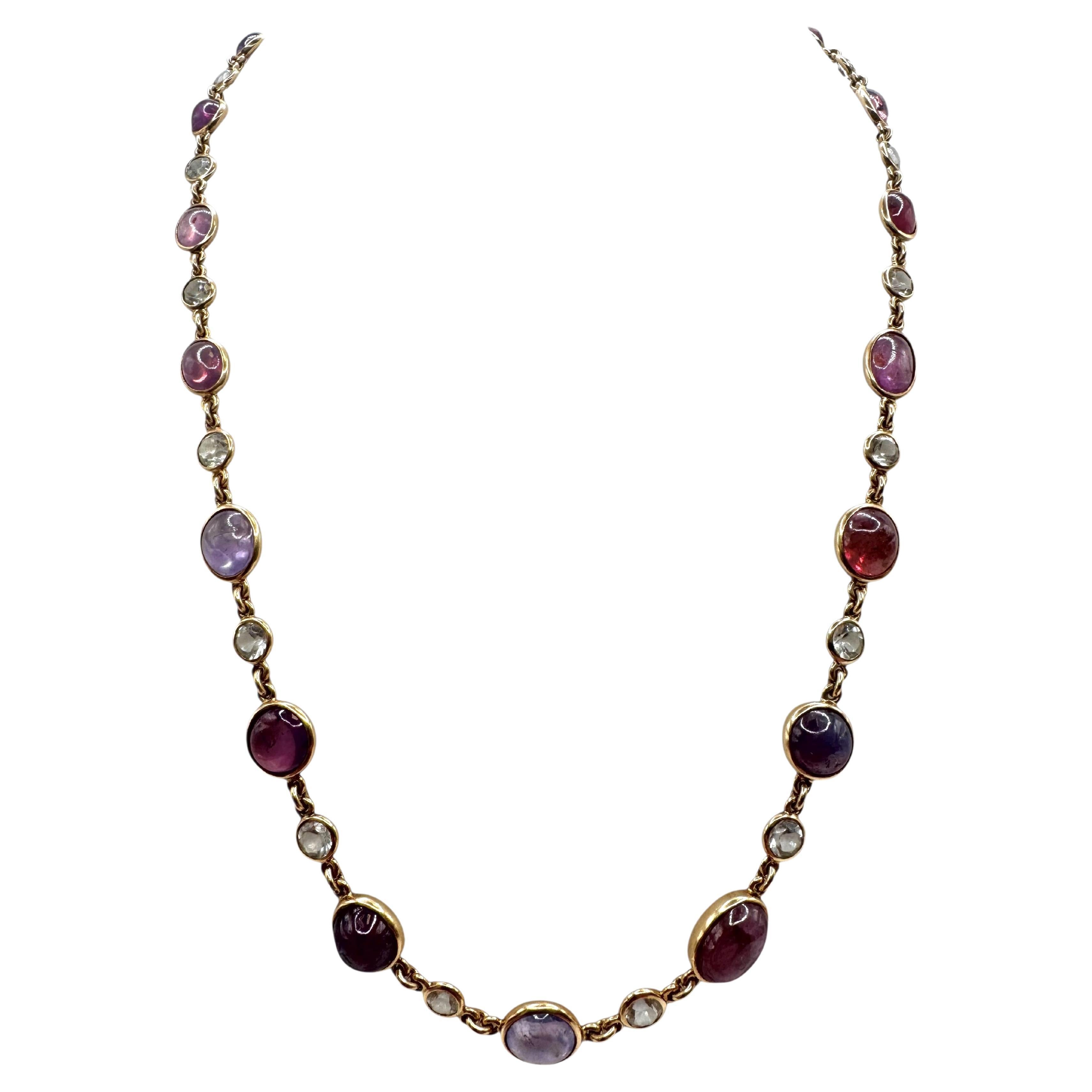 14K Yellow Gold Cabochon Sapphire and White Sapphire Necklace