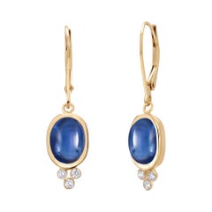 14K Yellow Gold Cabochon Sapphire & Diamond Lever Back Earrings, 4.15ct